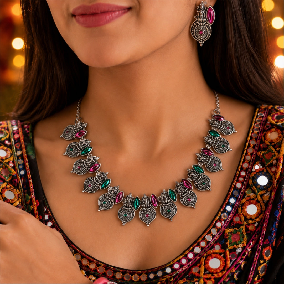 Valeria Temple Oxidised Necklace Set