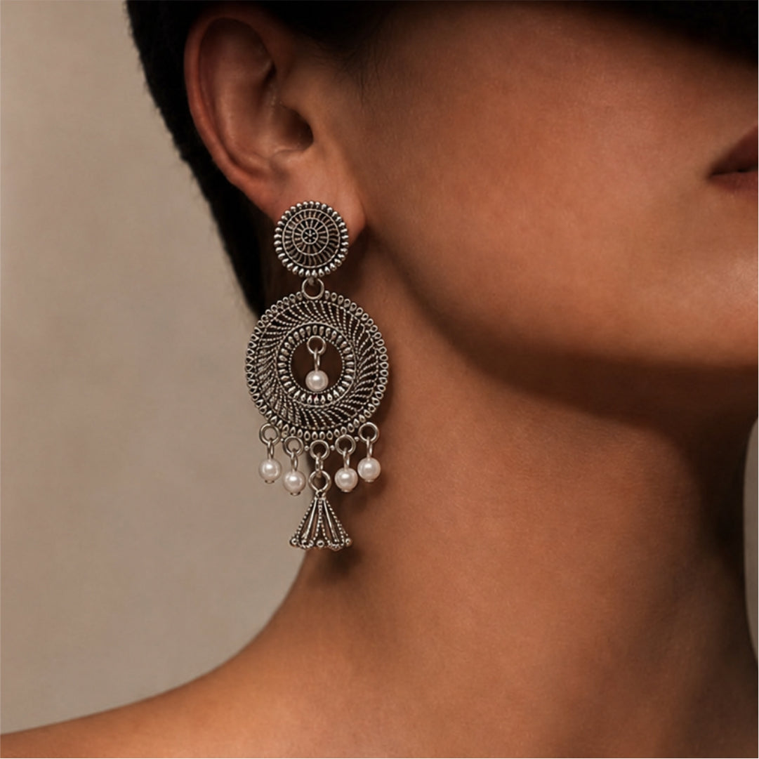 Samaira Mandala Pearl Oxidised Earrings