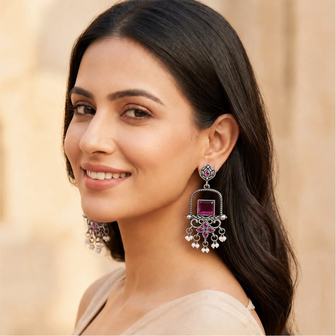 Jharokha Pearl Oxidised Earrings