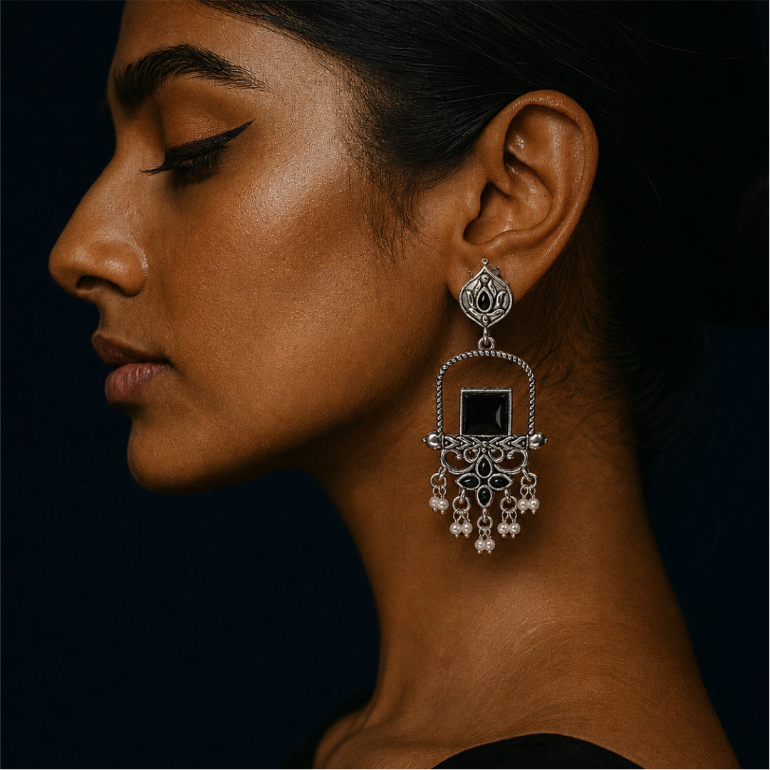 Jharokha Pearl Oxidised Earrings