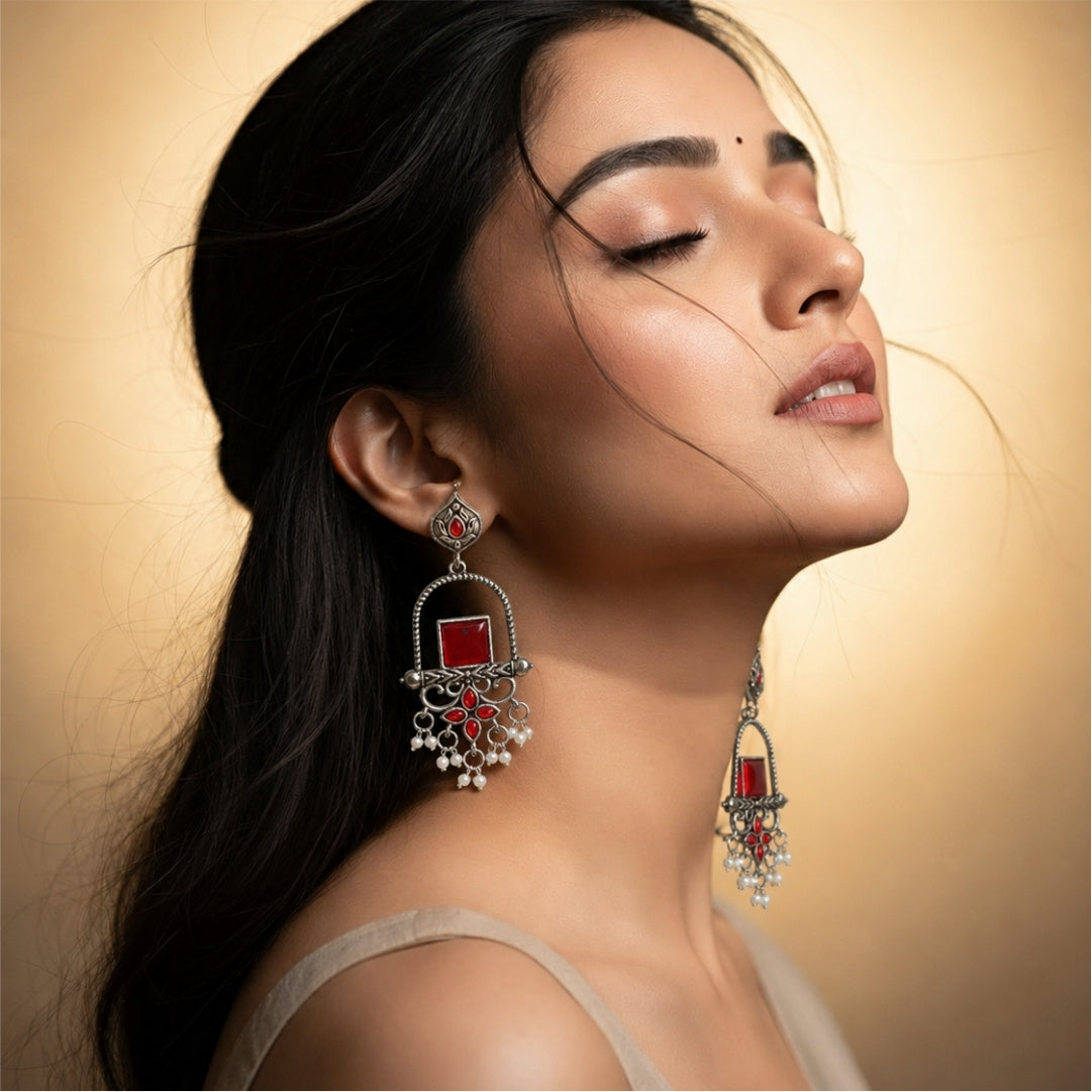 Jharokha Pearl Oxidised Earrings