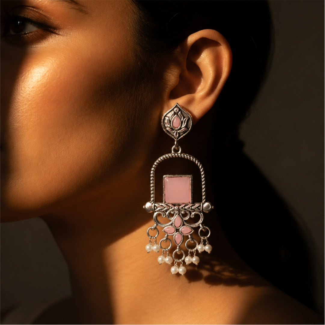 Jharokha Pearl Oxidised Earrings