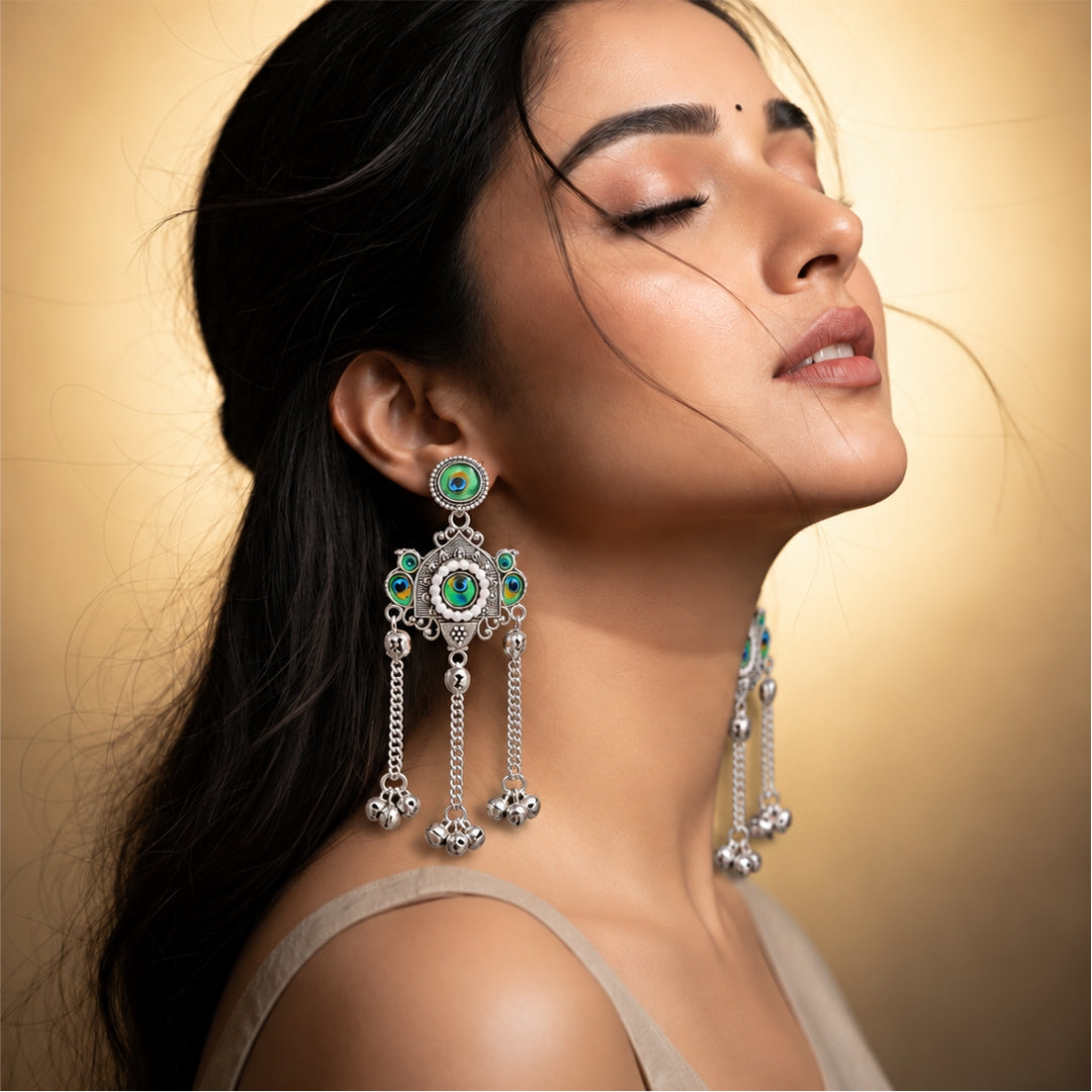 Peacock Cascade Oxidised Earrings