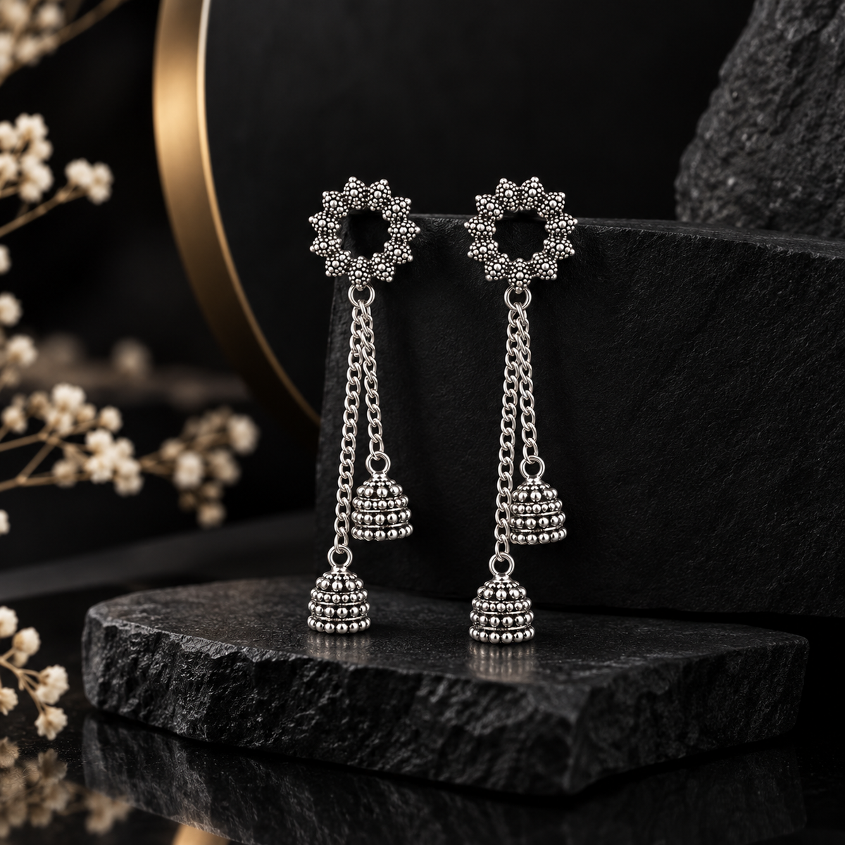 Silver Oxidised Double Layer Long Jhumka Earrings