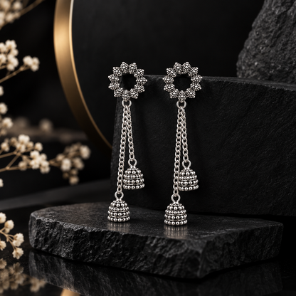 Silver Oxidised Double Layer Long Jhumka Earrings