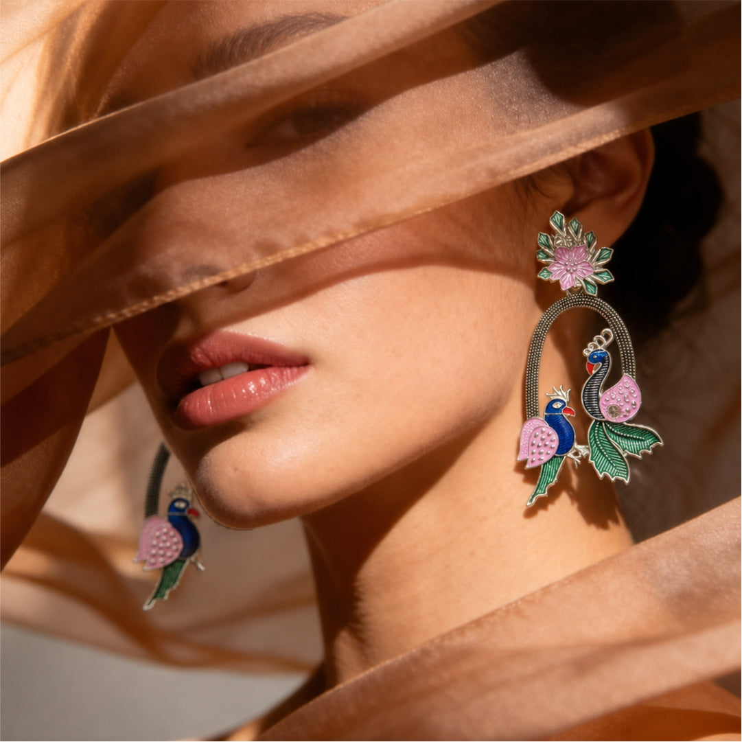 Peacock Enamel Oxidised Earrings