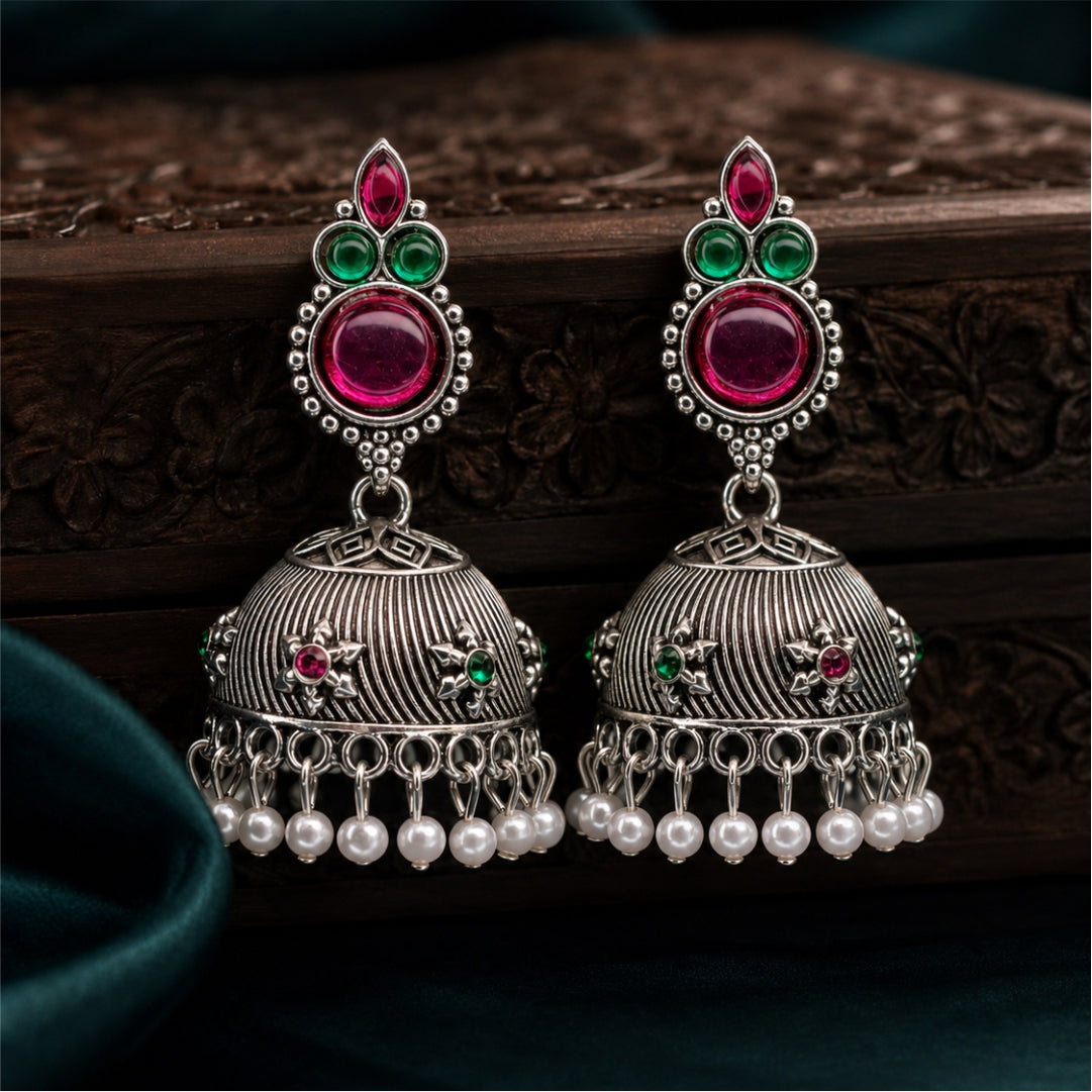 Elira Ruby Dome Oxidised Jhumkas
