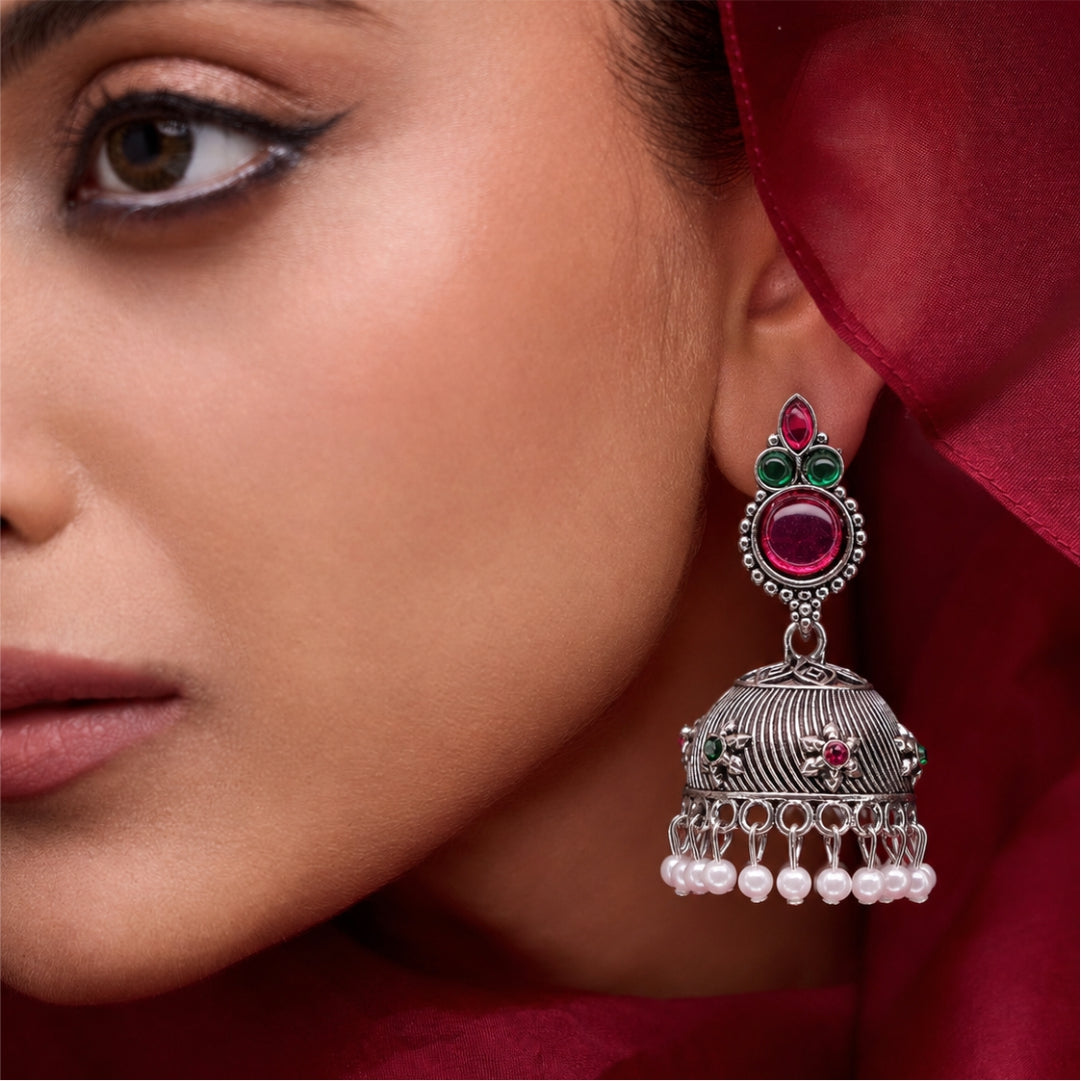 Elira Ruby Dome Oxidised Jhumkas