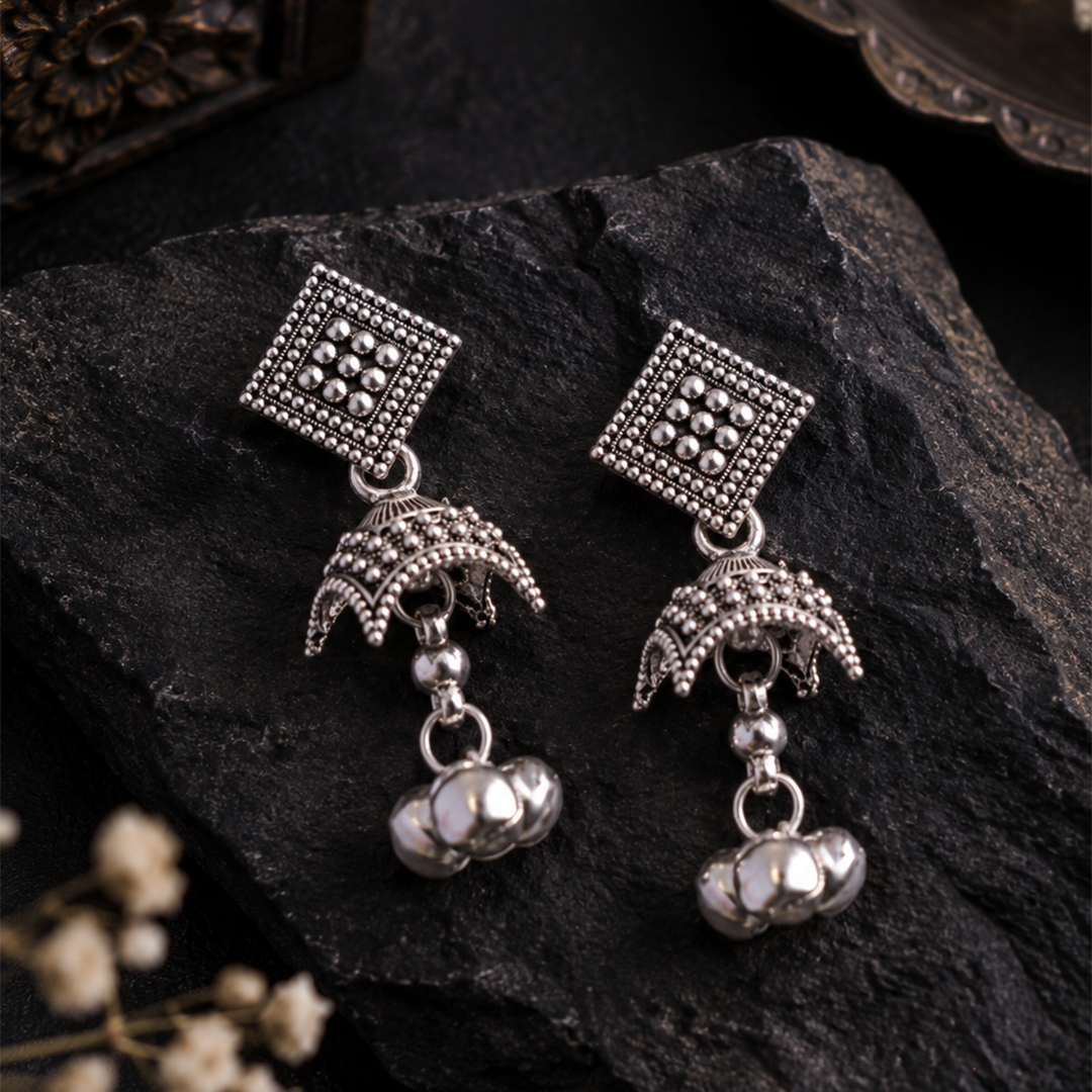 Elegant Oxidised Diamond-Shape Jhumka Earrings