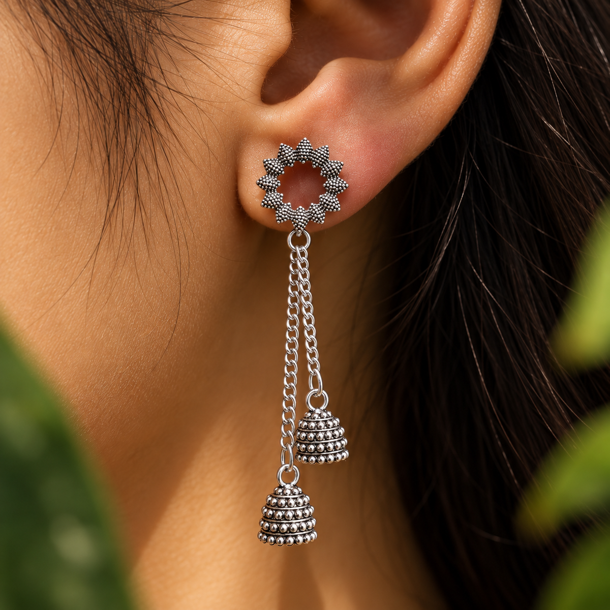 Silver Oxidised Double Layer Long Jhumka Earrings