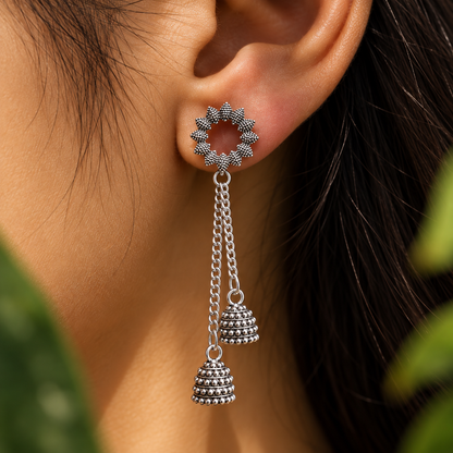 Silver Oxidised Double Layer Long Jhumka Earrings