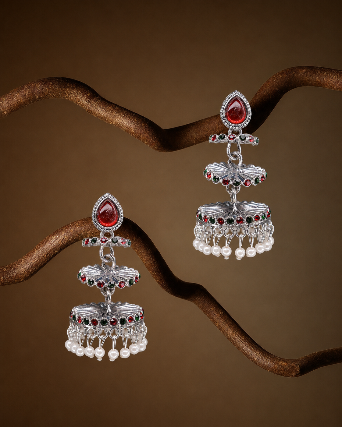 Pearl Twin-Dome Oxidised Jhumkas