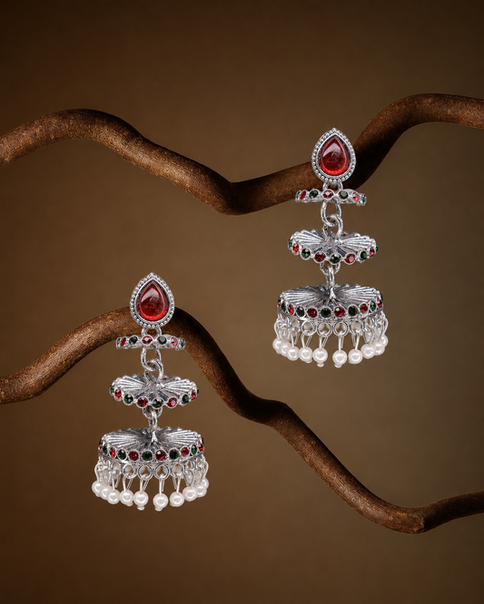 Pearl Twin-Dome Oxidised Jhumkas